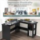 L-shaped computer desk with storage shelves, crafted from durable engineered wood, ideal for home office or study use.